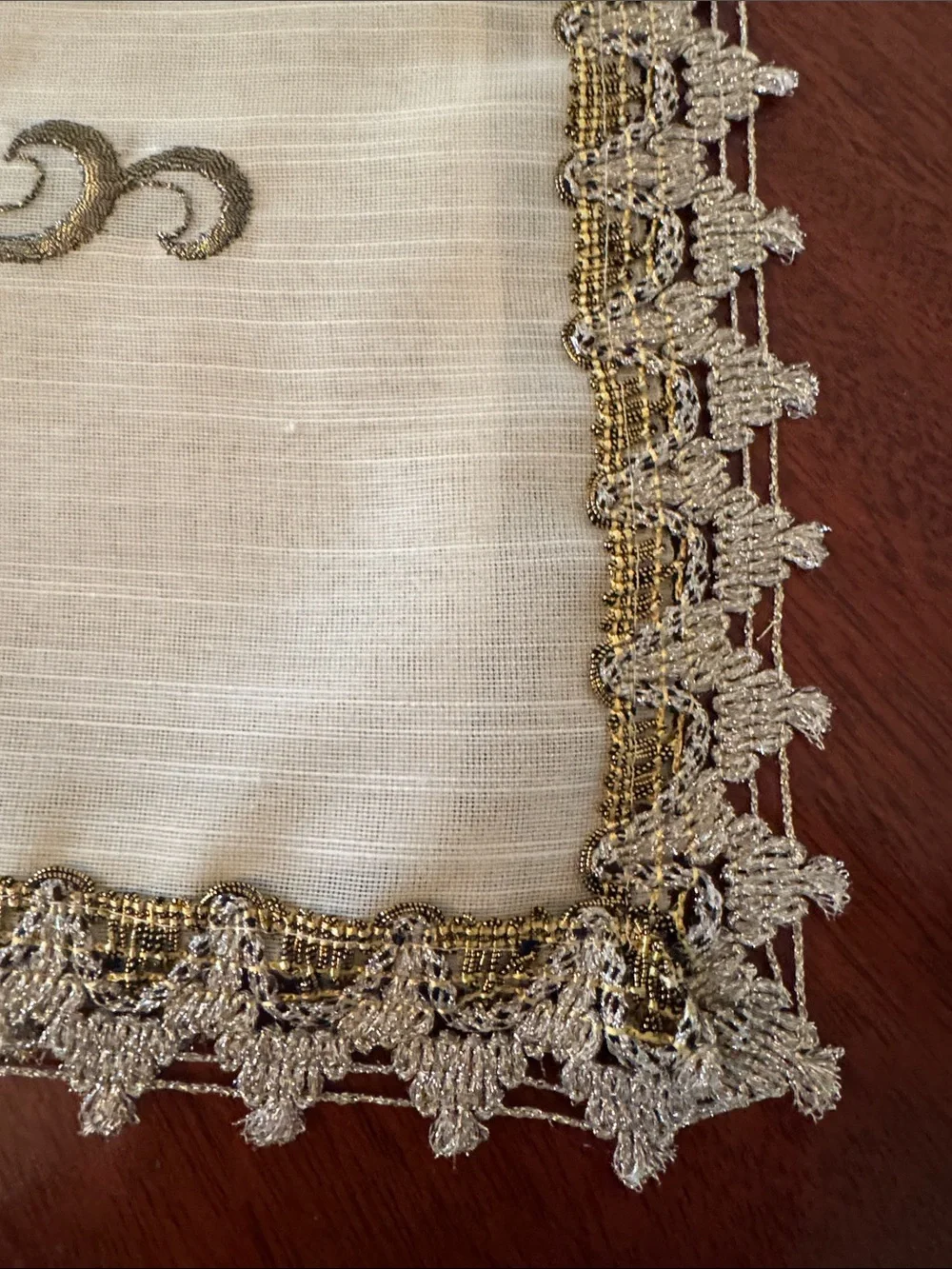 Vintage Embroidered Cream Table Runner with Gold Floral Trim and 2 Table Topper